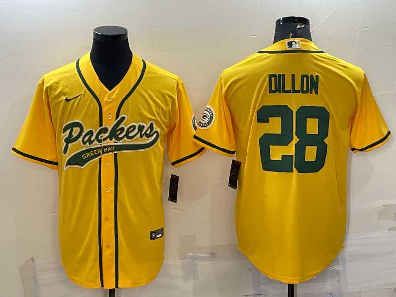 Mens Green Bay Packers #28 AJ Dillon Yellow With Patch Cool Base Stitched Baseball Jersey